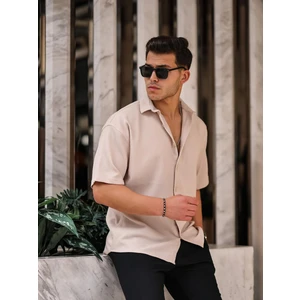 Oversize Fitilli Kısa Kol Gömlek - Bej