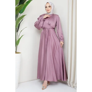 Koyu Pudra Büyük Beden Ön Detaylı Saten Abiye