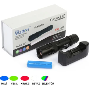 Melek Store 10W 2000 Lümen 4 Renk Güçlü El Feneri Watton WT-605