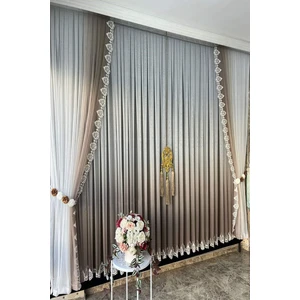 Vizon Bej Açık Kahverenk Degrade Renk Geçişli Etek Nakışlı Tül Fon Takım