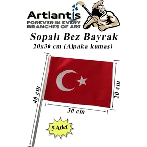 Sopalı Bez Bayrak 20X30 cm 5 Adet Saplı Bayrak Ay Yıldız Plastik Çıtalı 20*30 Bez Bayrak Mill Bayram Kutlama
