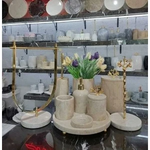 Sümeyra Marble Art Elizya Doğal Bej Mermer Banyo Seti 10 Parça gold Mermer Vazo kağıt El Havluluk