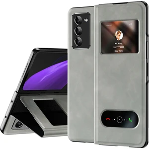 Samsung Galaxy Z Fold2 5g Pencere Tasarımı Nappa Doku Pu Deri + Pc Telefon Standı Kılıf Anti-Drop Anti-Çizgi Kapağı (Yurt Dışından)