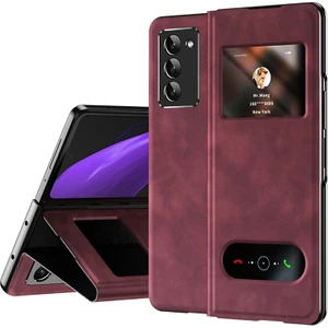 Samsung Galaxy Z Fold2 5g Pencere Tasarımı Nappa Doku Pu Deri + Pc Telefon Standı Kılıf Anti-Drop Anti-Çizgi Kapağı (Yurt Dışından)