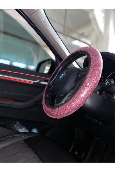Arabasına Aşıklar Kulübü Pembe Swarovski Taşlı Direksiyon Kılıfı 35/40 cm Tüm Araçlara Uygun