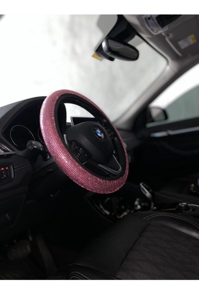 Arabasına Aşıklar Kulübü Pembe Swarovski Taşlı Direksiyon Kılıfı 35/40 cm Tüm Araçlara Uygun