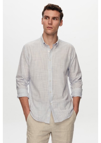 Slim Fit Mavi Ince Çizgili Düğmeli Yaka %100 Pamuk Flamlı Yazlık Keten Görünümlü Gömlek TYC0769335875M0HC02ORT001 fiyatları