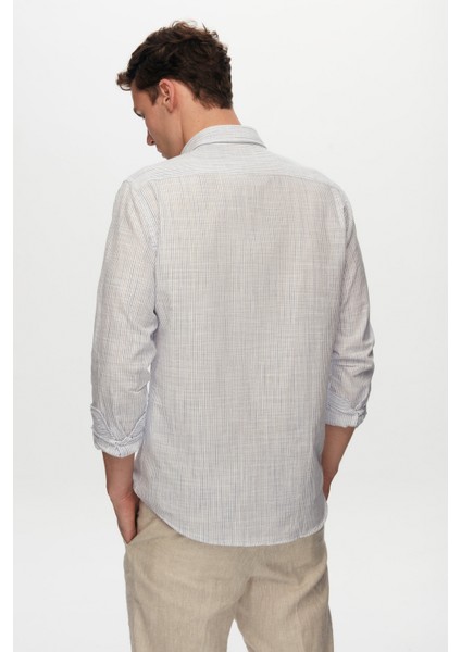 Slim Fit Mavi Ince Çizgili Düğmeli Yaka %100 Pamuk Flamlı Yazlık Keten Görünümlü Gömlek TYC0769335875M0HC02ORT001 fırsatları