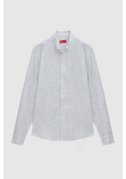 Slim Fit Mavi Ince Çizgili Düğmeli Yaka %100 Pamuk Flamlı Yazlık Keten Görünümlü Gömlek TYC0769335875M0HC02ORT001 indirimleri