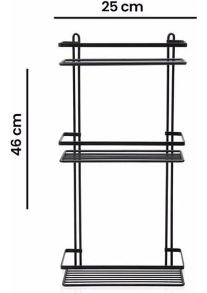 Suntel Banyo ve Mutfak Aksesuarları 3 Katlı Lamalı Düz Banyo Rafı Kancalı Siyah SB056
