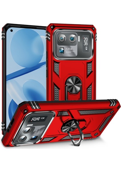 Xiaomi Mi 11 Ultra Kılıf Vega Tank Standlı Yüzüklü Mıknatıslı Kırmızı