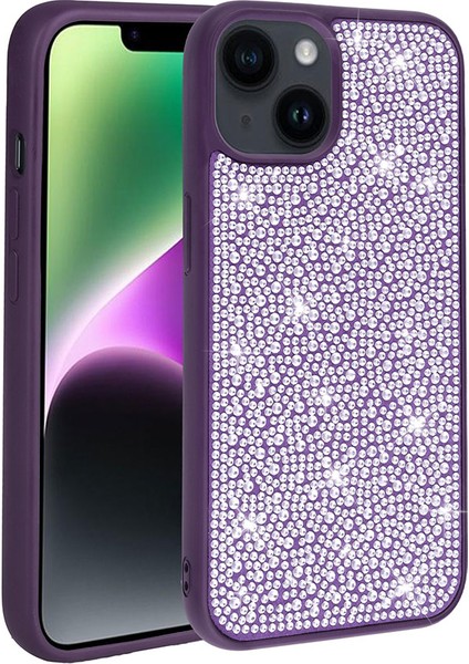Apple iPhone 14 Kılıf Diamond Parlak Taşlı Ston Kapak Silikon Derin Mor