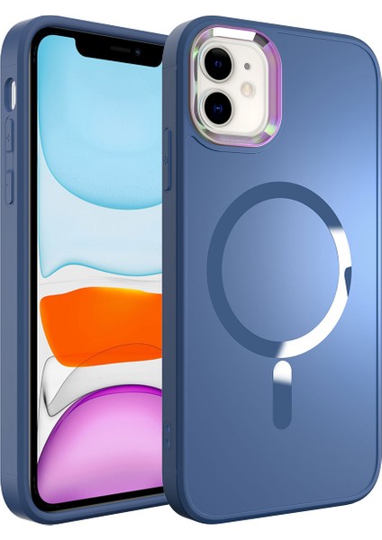 Apple iPhone 11 Case Kılıf Stil Serisi Mat Wireless Tacsafe Kapak Mavi