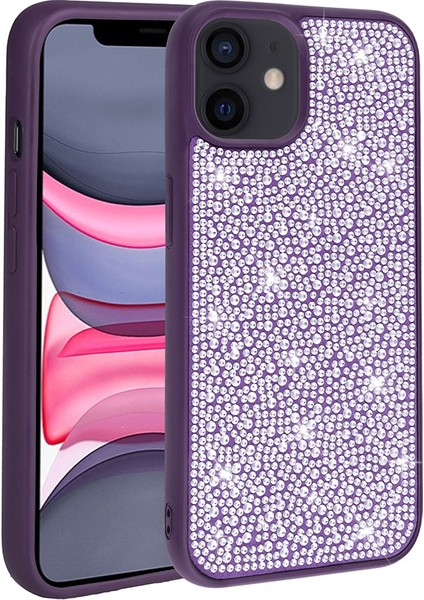 Apple iPhone 12 Case Kılıf Diamond Parlak Taşlı Ston Kapak Silikon Derin Mor