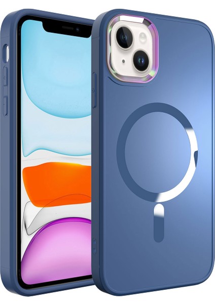 Apple iPhone 13 Case Kılıf Stil Serisi Mat Wireless Tacsafe Kapak Mavi