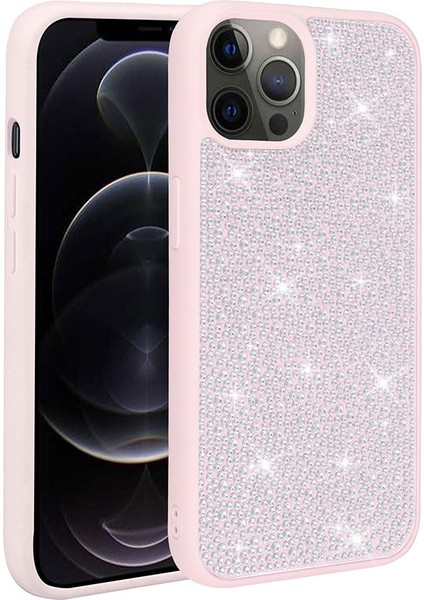 Apple iPhone 12 Pro Max Case Kılıf Diamond Parlak Taşlı Ston Kapak Silikon Pembe