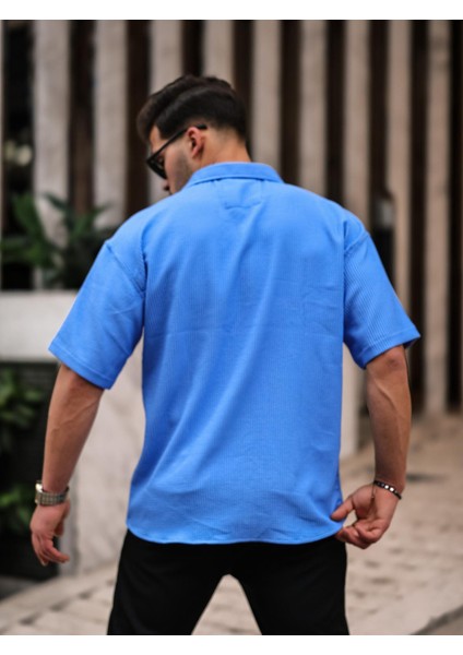 Oversize Fitilli Kısa Kol Gömlek - Mavi