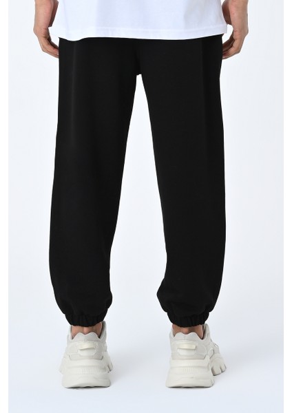 Jogger Fit Lastikli Şardonlu Üç Iplik Siyah Unisex Eşofman Altı