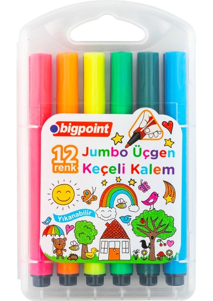 Jumbo Üçgen Keçeli Kalem 12'li Set (Plastik Kutulu)