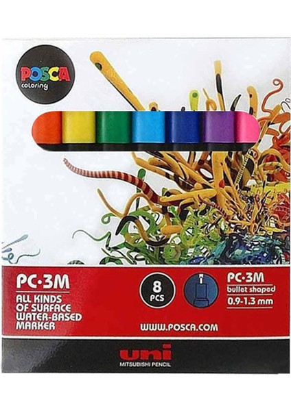 Posca Marker Pc-3m (0.9-1.3mm) Ana Renkler Set (7+1)
