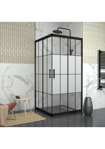 Black Vega 6 mm Karolajlı Ortası Kumlamalı Kare Duşakabin