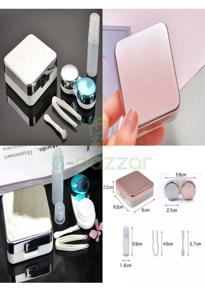 2 Renk Aynalı Lens Kutusu Seti 5 Parça Kontakt Lens Taşıma Saklama Kutusu Rose ve Gümüş 2li
