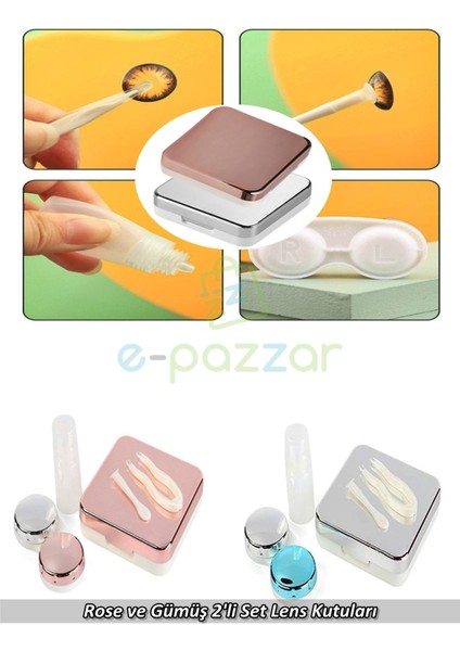 2 Renk Aynalı Lens Kutusu Seti 5 Parça Kontakt Lens Taşıma Saklama Kutusu Rose ve Gümüş 2li