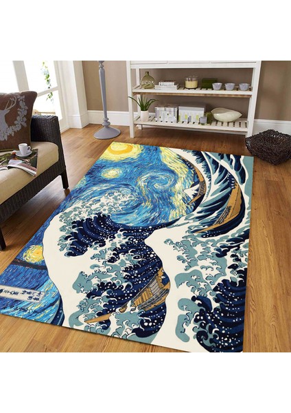 Van Gogh Yıldızlı Gece ve Büyük Dalga Dijital Baskılı Halı Kaydırmaz Tabanlı Yıkanabilir Halı