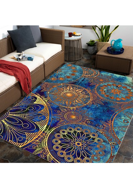 Etnik Mandala Desenli Dijital Baskılı Halı Kaydırmaz Tabanlı Yıkanabilir Halı