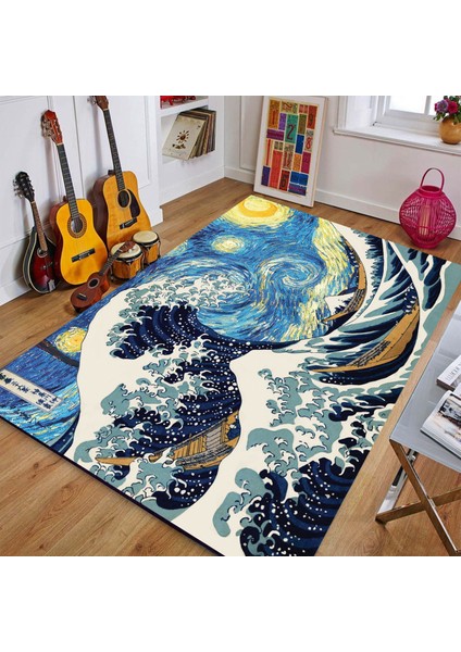 Van Gogh Yıldızlı Gece ve Büyük Dalga Dijital Baskılı Halı Kaydırmaz Tabanlı Yıkanabilir Halı