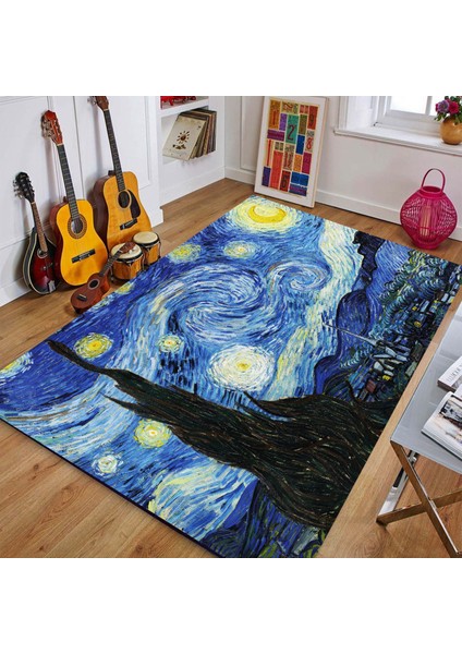 Van Gogh Yıldızlı Gece Dijital Baskılı Halı Kaydırmaz Tabanlı Yıkanabilir Halı