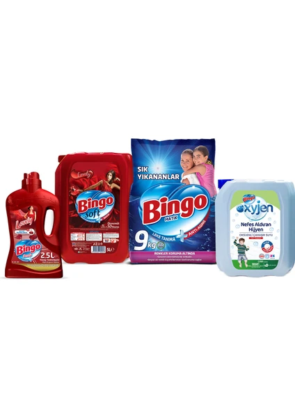 "Dev Ekonomi Paketi ; Bingo Matik 9 kg Sık Yıkananlar + Bingo Soft 5 ltLovely + Bingo Fresh 2,5 lt Lovely +  Bingo Oksijen Çam"