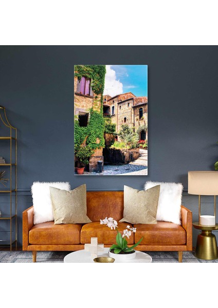 Italya Toscana Vadisi Evleri Taş Ev Nostajik Dekoratif Kanvas Tablo