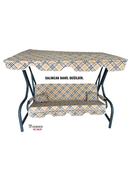 Süngerli Salıncak Minderi Kılıfı 3 Kişilik Kılıf Kahverengi Ekose Bahçe Minderi
