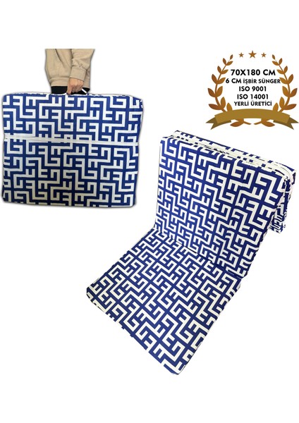 Katlanır Kamp Yatağı Çadır Yatağı Sünger Yatak Fermuarlı 70 x 180 cm 6 cm - Mavi Labirent