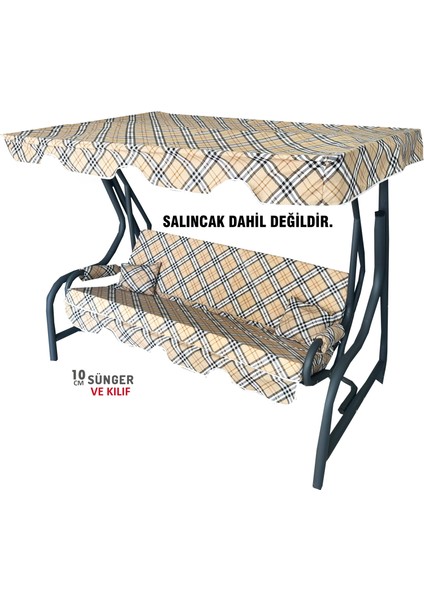 Süngerli Salıncak Minderi Kılıfı 3 Kişilik Kılıf Kahverengi Ekose Bahçe Minderi