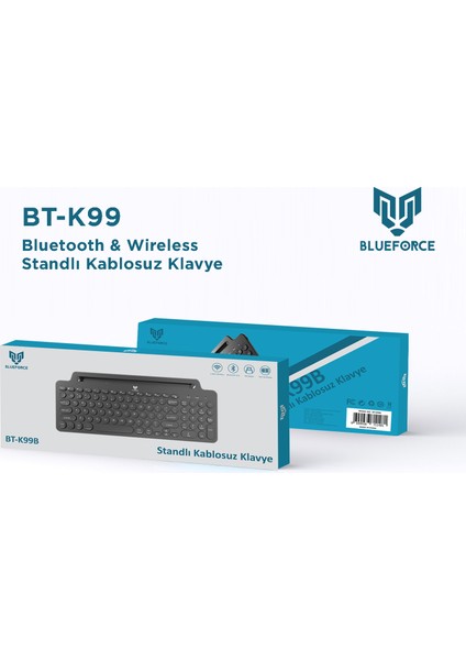 BT-K99 Bluetooth & Wireless Kablosuz Klavye Standlı Siyah Telefon Pc Tablet Tv Laptop Mac Uyumlu