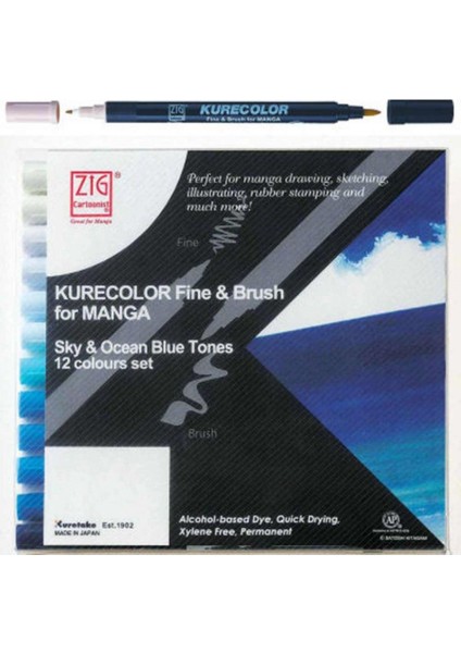 Kurecolor Fine & Brush For Manga Sky & Ocean Blue Tones 12'li Set