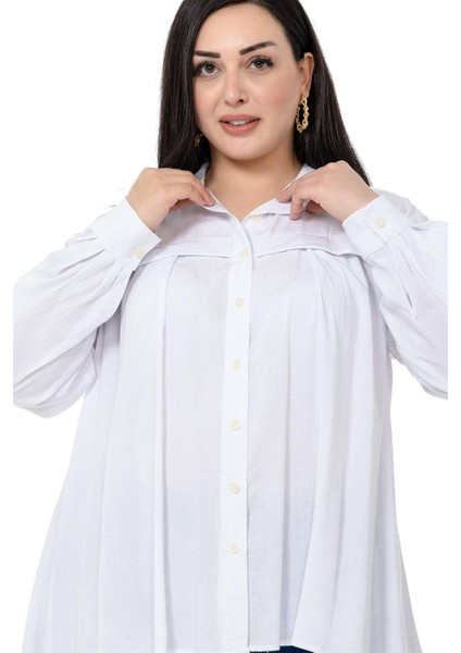 Büyük Beden Göğüs Detaylı Kol Ağzı ve Sırtı Pileli Beyaz Gömlek indirimleri