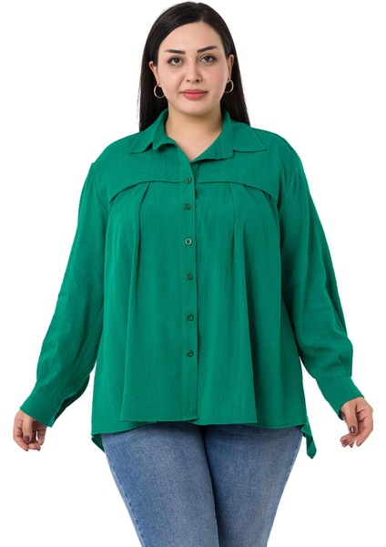Büyük Beden Göğüs Detaylı Kol Ağzı ve Sırtı Pileli Yeşil Gömlek