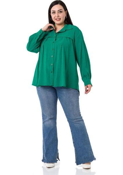 Büyük Beden Göğüs Detaylı Kol Ağzı ve Sırtı Pileli Yeşil Gömlek fiyatları
