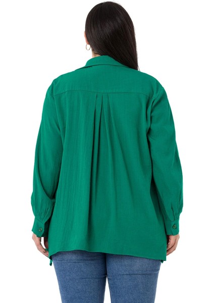 Büyük Beden Göğüs Detaylı Kol Ağzı ve Sırtı Pileli Yeşil Gömlek modelleri