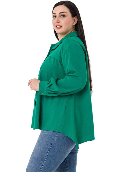 Büyük Beden Göğüs Detaylı Kol Ağzı ve Sırtı Pileli Yeşil Gömlek fırsatları
