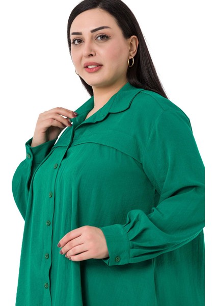 Büyük Beden Göğüs Detaylı Kol Ağzı ve Sırtı Pileli Yeşil Gömlek indirimleri
