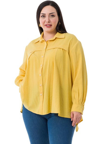 Büyük Beden Göğüs Detaylı Kol Ağzı ve Sırtı Pileli Sarı Gömlek