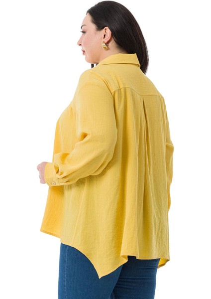 Büyük Beden Göğüs Detaylı Kol Ağzı ve Sırtı Pileli Sarı Gömlek modelleri