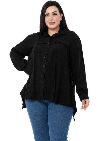 Büyük Beden Göğüs Detaylı Kol Ağzı ve Sırtı Pileli Siyah Gömlek