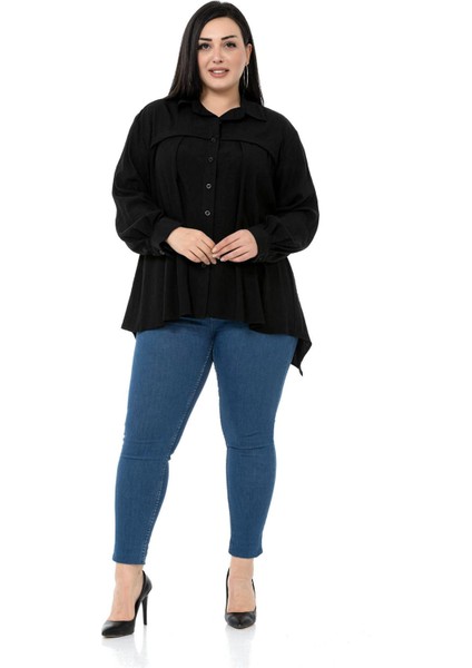 Büyük Beden Göğüs Detaylı Kol Ağzı ve Sırtı Pileli Siyah Gömlek fiyatları