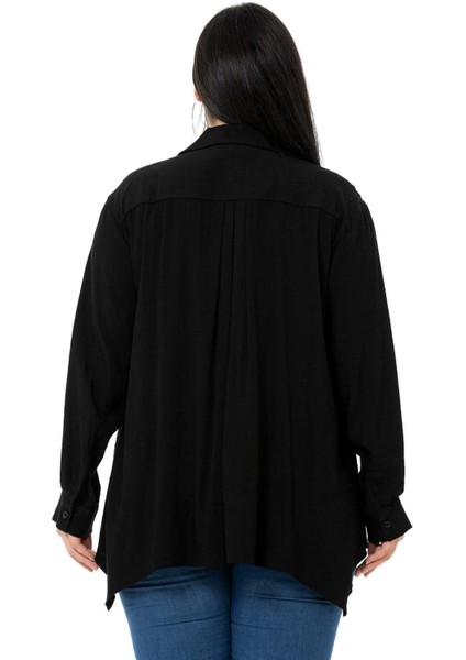 Büyük Beden Göğüs Detaylı Kol Ağzı ve Sırtı Pileli Siyah Gömlek modelleri