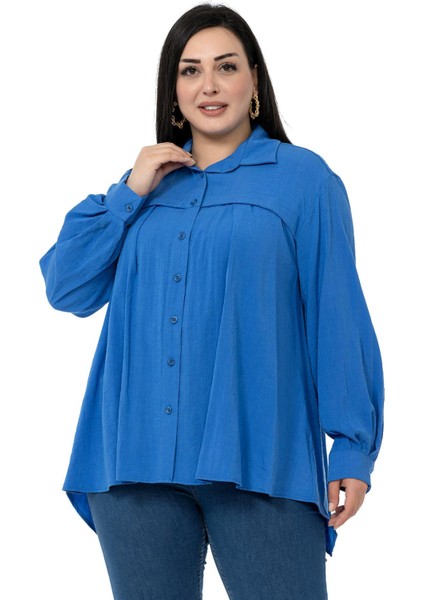 Büyük Beden Göğüs Detaylı Kol Ağzı ve Sırtı Pileli Indigo Gömlek